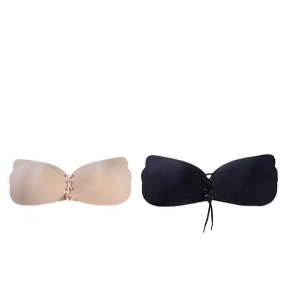 Invisible push up bra 2 Pack Strapless Adhesive Padded B Cup Black Beige 32B 34B - Picture 1 of 3